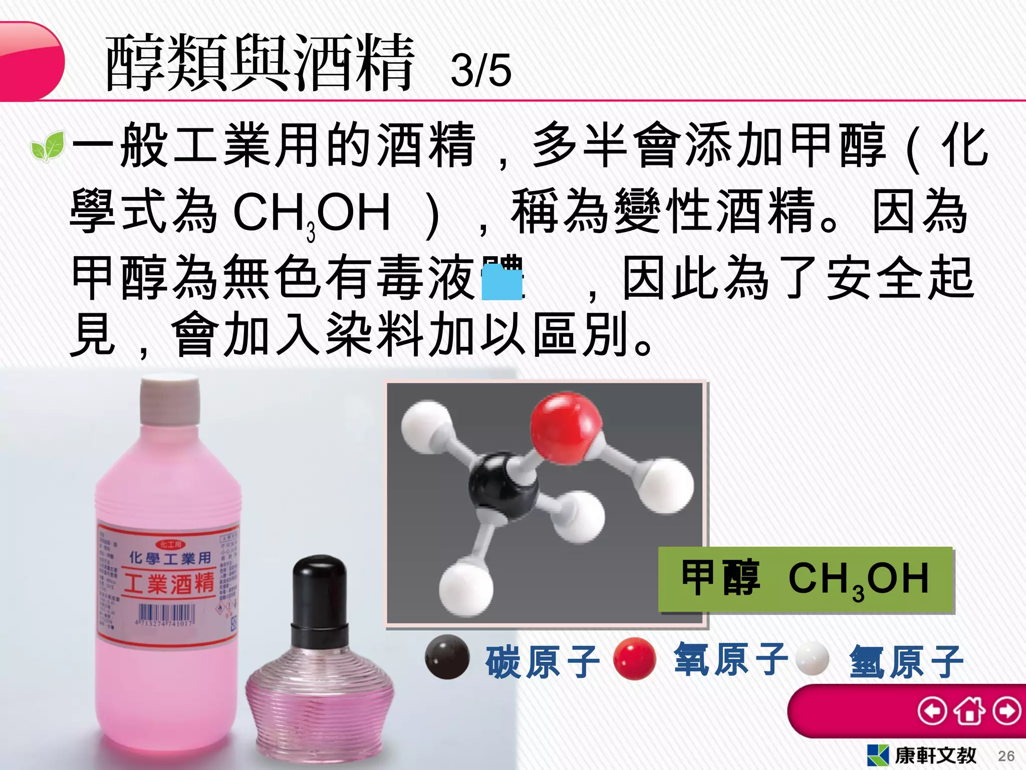 一般工業用的酒精，多半會添加甲醇（化
學式為 CH3OH ），稱為變性酒精。因為
甲醇為無色有毒液體 ，因此為了安全起
見，會加入染料加以區別。
醇類與酒精 3/5
26
甲醇 CH3OH甲醇 CH3OH
碳原子 氧原子 氫原子
 