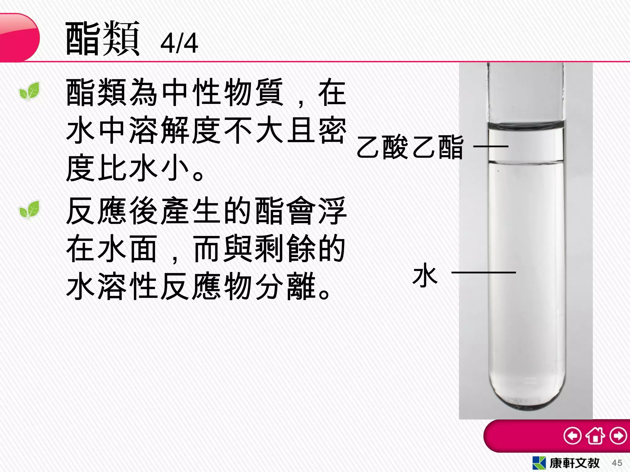 酯類為中性物質，在
水中溶解度不大且密
度比水小。
反應後產生的酯會浮
在水面，而與剩餘的
水溶性反應物分離。
類酯 4/4
45
乙酸乙酯
水
 