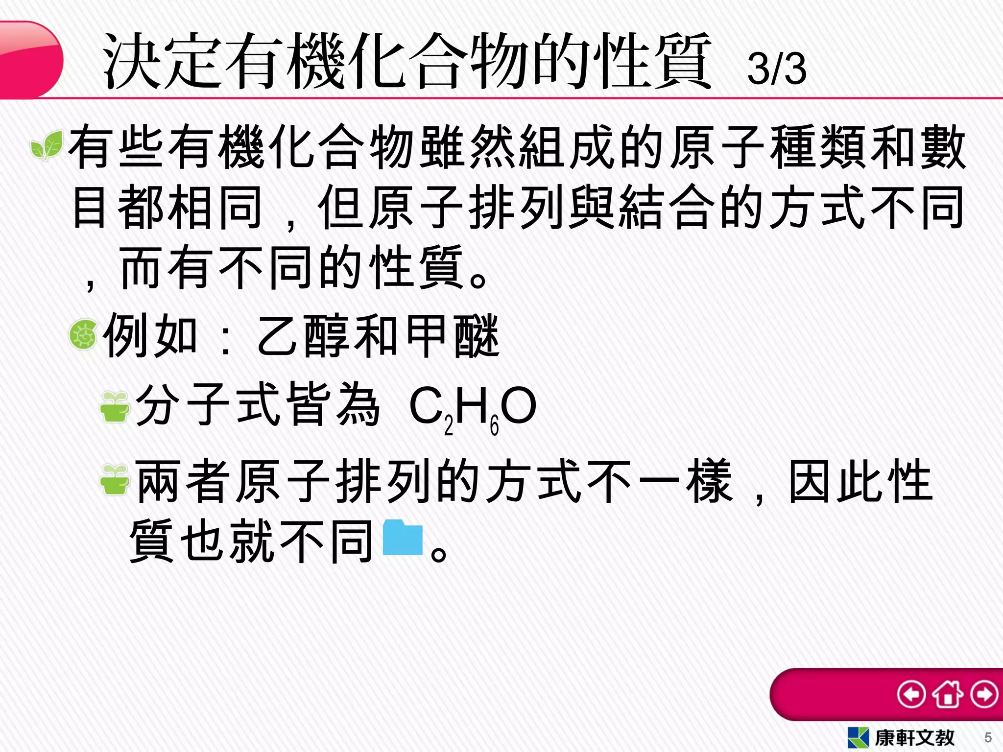有些有機化合物雖然組成的原子種類和數
目都相同，但原子排列與結合的方式不同
，而有不同的性質。
例如：乙醇和甲醚
分子式皆為 C2H6O 　
兩者原子排列的方式不一樣，因此性
質也就不同　。
決定有機化合物的性質 3/3
5
 