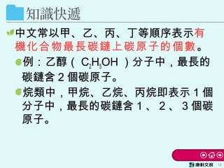 知識快遞
中文常以甲、乙、丙、丁等順序表示有
機化合物最長碳鏈上碳原子的個數。
例：乙醇（ C2H5OH ）分子中，最長的
碳鏈含 2 個碳原子。
烷類中，甲烷、乙烷、丙烷即表示 1 個
分子中，最長的碳鏈含 1 、 2 、 3 個碳
原子。
12
 
