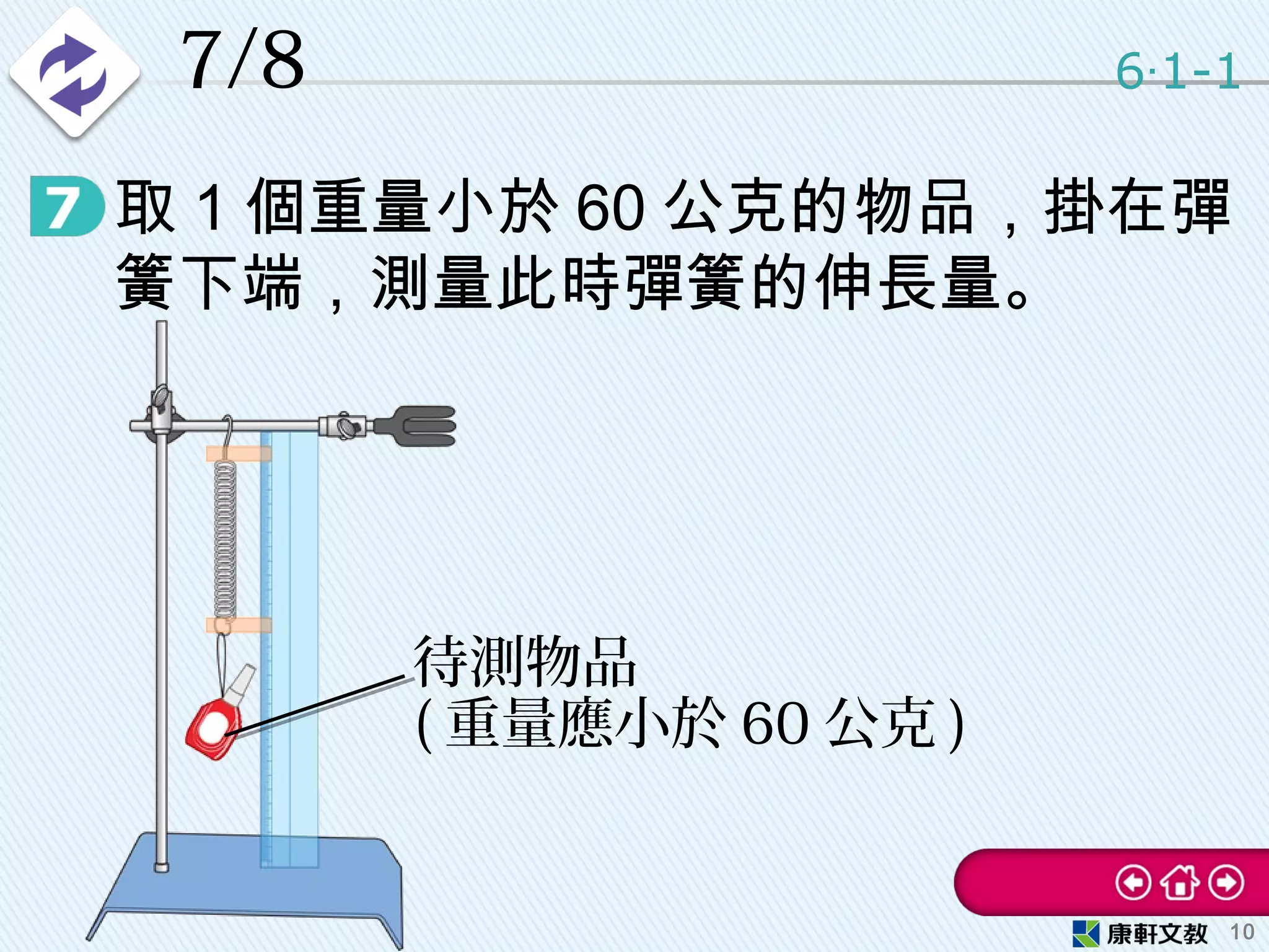7/8
• 取 1 個重量小於 60 公克的物品，掛在彈
簧下端，測量此時彈簧的伸長量。
6 1-1‧
10
待測物品
( 重量應小於 60 公克 )
 