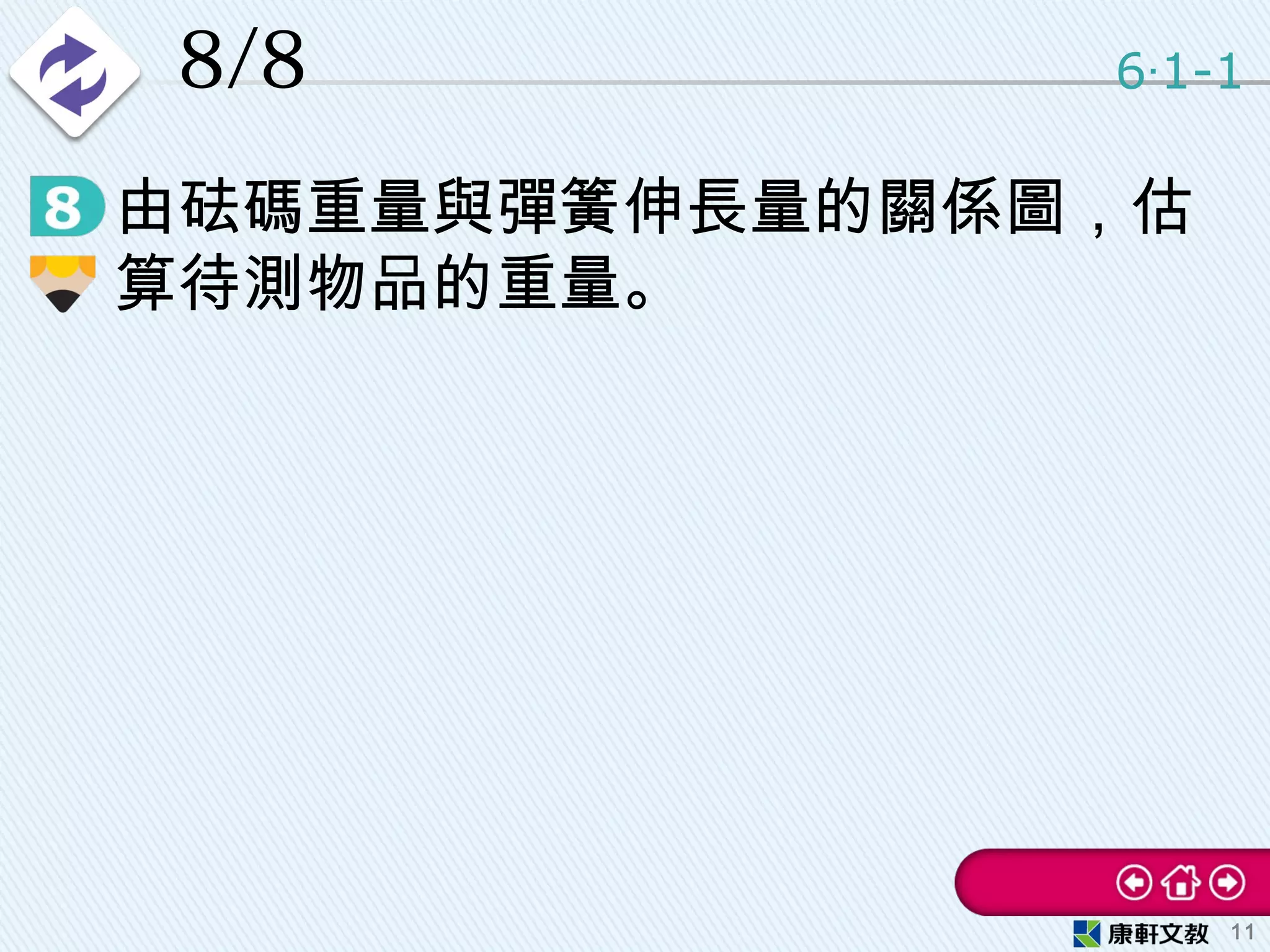 • 由砝碼重量與彈簧伸長量的關係圖，估
算待測物品的重量。
8/8 6 1-1‧
11
 