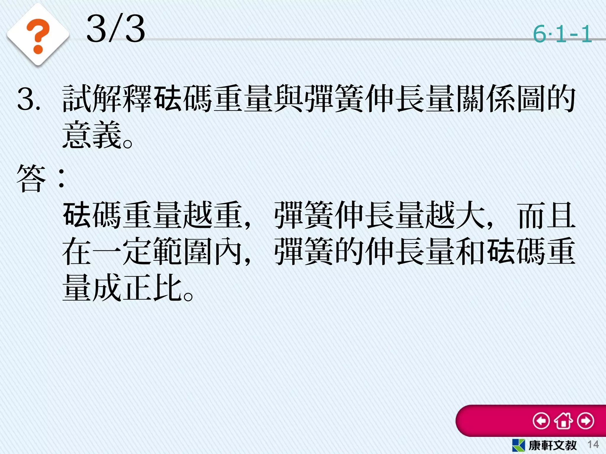 3. 試解釋 碼重量與彈簧伸長量關係圖的砝
意義。
答：
碼重量越重，彈簧伸長量越大，而且砝
在一定範圍內，彈簧的伸長量和 碼重砝
量成正比。
3/3 6 1-1‧
14
 