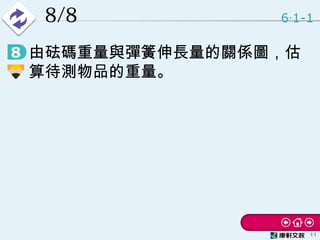 • 由砝碼重量與彈簧伸長量的關係圖，估
算待測物品的重量。
8/8 6 1-1‧
11
 