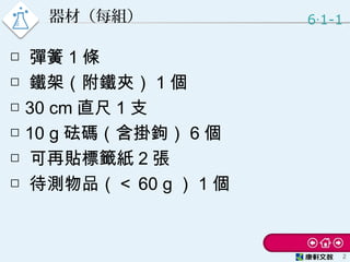 器材（每組）
□ 彈簧 1 條
□ 鐵架（附鐵夾） 1 個
□ 30 cm 直尺 1 支
□ 10 g 砝碼（含掛鉤） 6 個
□ 可再貼標籤紙 2 張
□ 待測物品（＜ 60 g ） 1 個
6 1-1‧
2
 