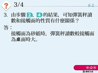 3/4 6 2‧
11
3. 由步驟　 、 　的結果，可知彈簧秤讀
數和接觸面的性質有什麼關係？
答：
接觸面為砂紙時，彈簧秤讀數較接觸面
為 面時大。桌
 