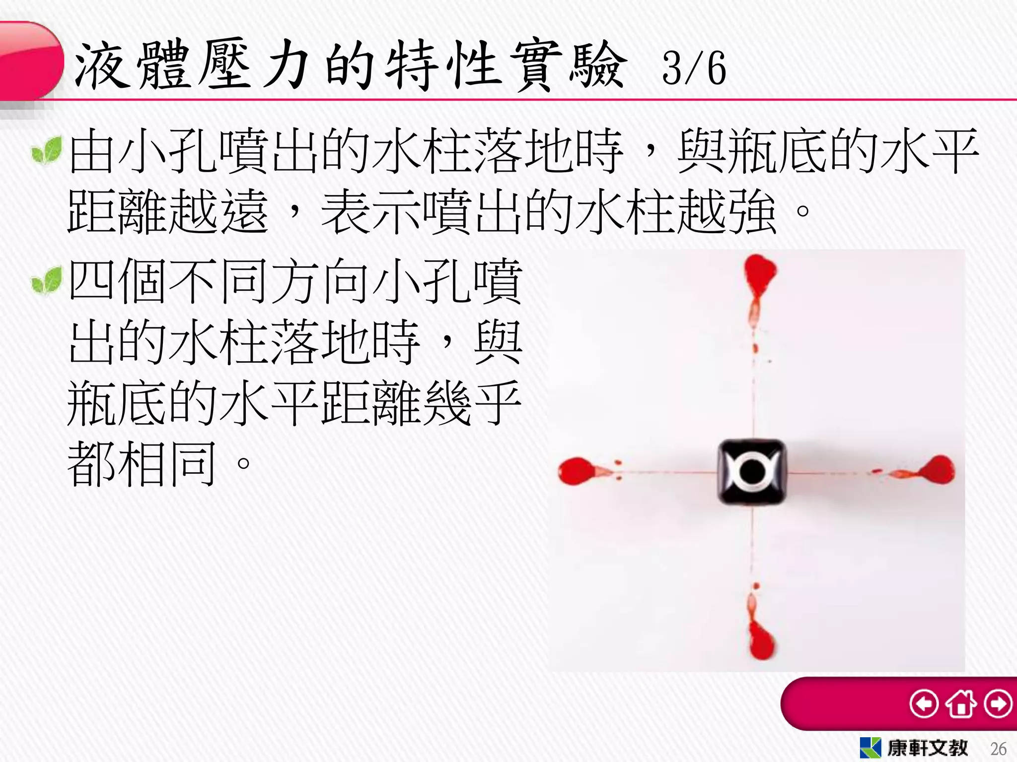 由小孔噴出的水柱落地時，與瓶底的水平
距離越遠，表示噴出的水柱越強。
四個不同方向小孔噴
出的水柱落地時，與
瓶底的水平距離幾乎
都相同。
液體壓力的特性實驗 3/6
26
 