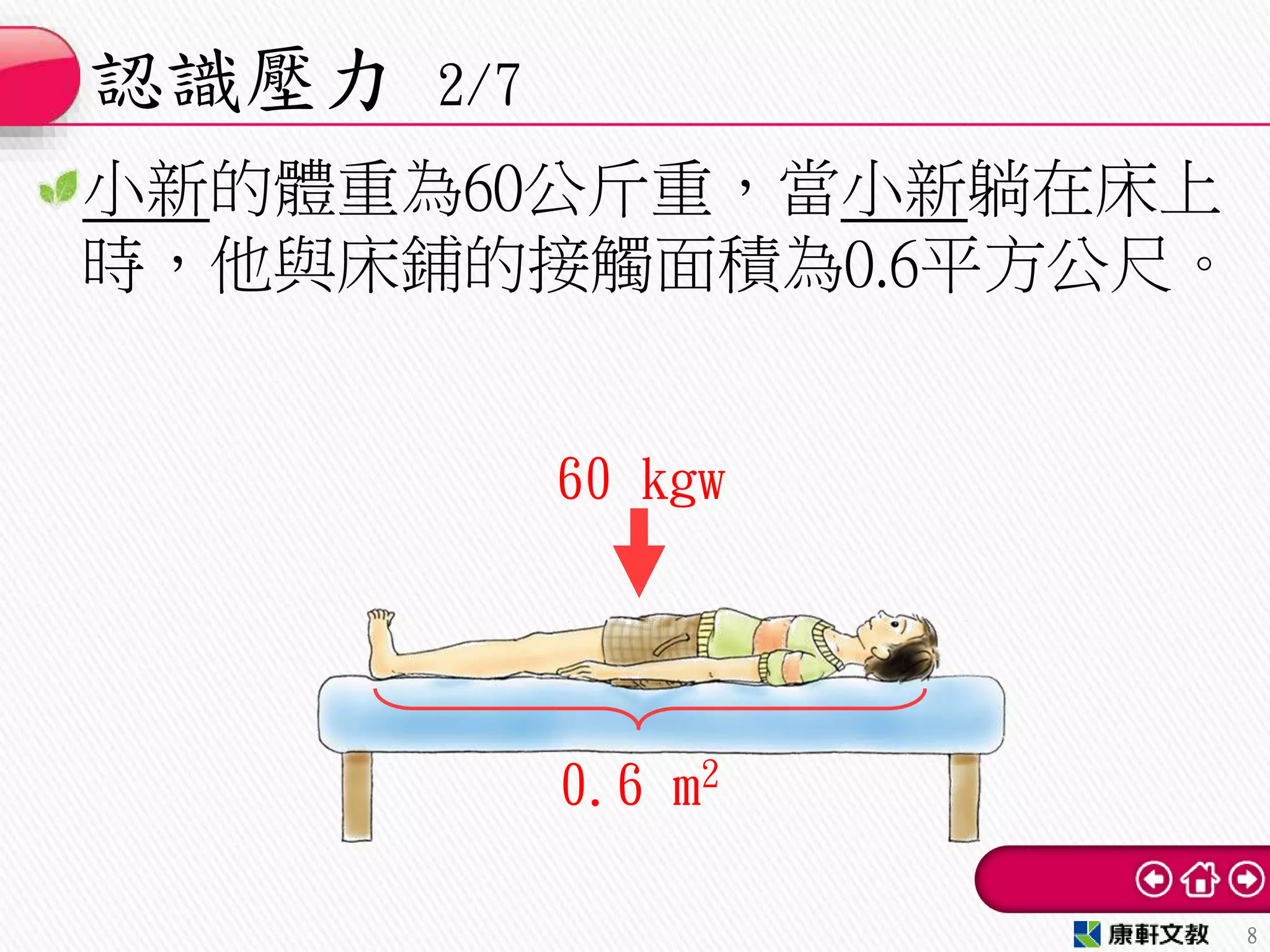 小新的體重為60公斤重，當小新躺在床上
時，他與床鋪的接觸面積為0.6平方公尺。
認識壓力 2/7
8
0.6 m2
60 kgw
 