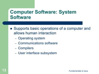 Fundamentals of Java
13
Computer Software: System
Software
 Supports basic operations of a computer and
allows human interaction
– Operating system
– Communications software
– Compilers
– User interface subsystem
 