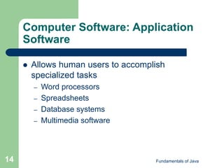 Fundamentals of Java
14
Computer Software: Application
Software
 Allows human users to accomplish
specialized tasks
– Word processors
– Spreadsheets
– Database systems
– Multimedia software
 