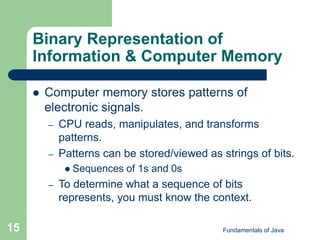 Fundamentals of Java
15
Binary Representation of
Information & Computer Memory
 Computer memory stores patterns of
electronic signals.
– CPU reads, manipulates, and transforms
patterns.
– Patterns can be stored/viewed as strings of bits.
 Sequences of 1s and 0s
– To determine what a sequence of bits
represents, you must know the context.
 