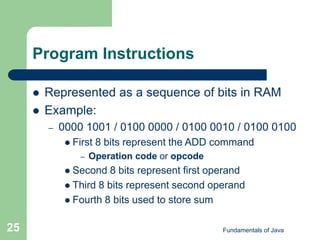Fundamentals of Java
25
Program Instructions
 Represented as a sequence of bits in RAM
 Example:
– 0000 1001 / 0100 0000 / 0100 0010 / 0100 0100
 First 8 bits represent the ADD command
– Operation code or opcode
 Second 8 bits represent first operand
 Third 8 bits represent second operand
 Fourth 8 bits used to store sum
 