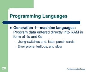 Fundamentals of Java
28
Programming Languages
 Generation 1—machine languages:
Program data entered directly into RAM in
form of 1s and 0s
– Using switches and, later, punch cards
– Error prone, tedious, and slow
 