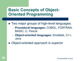 Fundamentals of Java
36
Basic Concepts of Object-
Oriented Programming
 Two major groups of high-level languages:
– Procedural languages: COBOL, FORTRAN,
BASIC, C, Pascal
– Object-oriented languages: Smalltalk, C++,
Java
 Object-oriented approach is superior
 