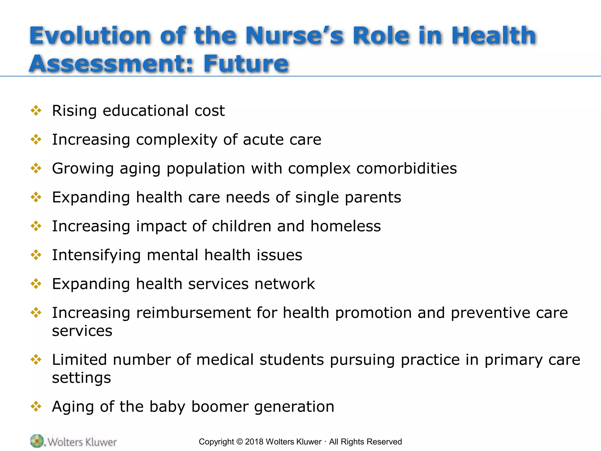Copyright © 2018 Wolters Kluwer · All Rights Reserved
Evolution of the Nurse’s Role in Health
Assessment: Future
 Rising educational cost
 Increasing complexity of acute care
 Growing aging population with complex comorbidities
 Expanding health care needs of single parents
 Increasing impact of children and homeless
 Intensifying mental health issues
 Expanding health services network
 Increasing reimbursement for health promotion and preventive care
services
 Limited number of medical students pursuing practice in primary care
settings
 Aging of the baby boomer generation
 