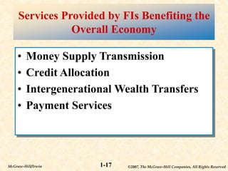 ©2007, The McGraw-Hill Companies, All Rights Reserved
1-17
McGraw-Hill/Irwin
Services Provided by FIs Benefiting the
Overall Economy
• Money Supply Transmission
• Credit Allocation
• Intergenerational Wealth Transfers
• Payment Services
 