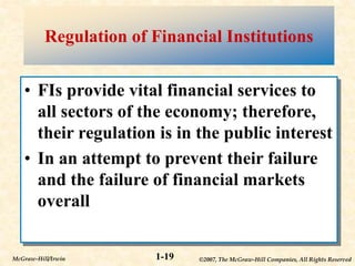 ©2007, The McGraw-Hill Companies, All Rights Reserved
1-19
McGraw-Hill/Irwin
Regulation of Financial Institutions
• FIs provide vital financial services to
all sectors of the economy; therefore,
their regulation is in the public interest
• In an attempt to prevent their failure
and the failure of financial markets
overall
 