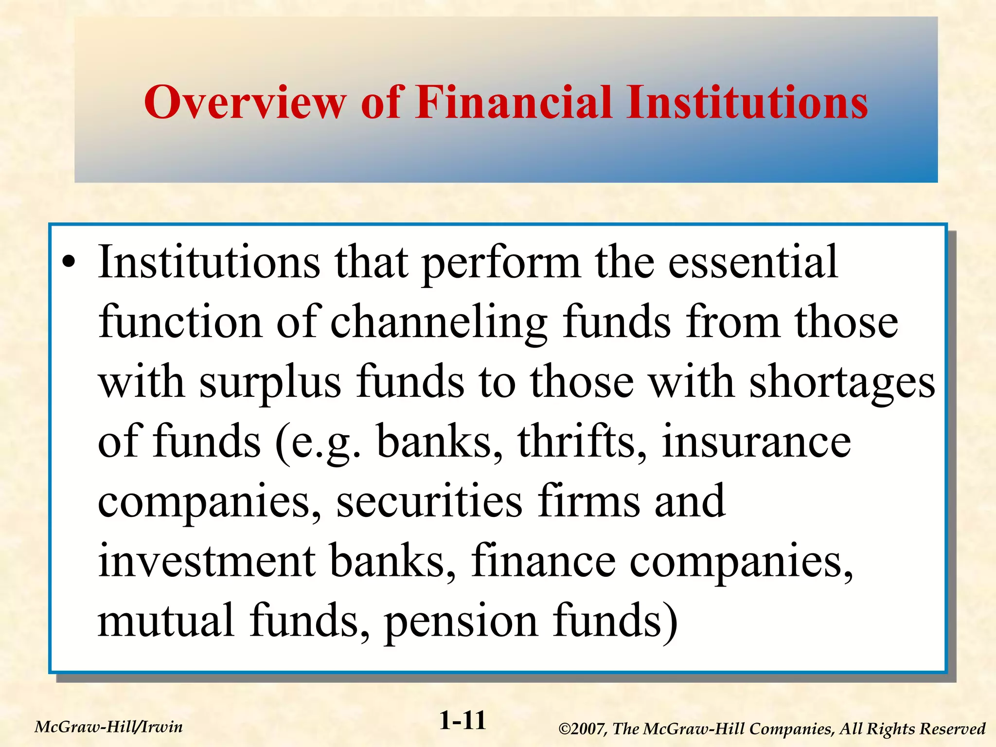 ©2007, The McGraw-Hill Companies, All Rights Reserved
1-11
McGraw-Hill/Irwin
Overview of Financial Institutions
• Institutions that perform the essential
function of channeling funds from those
with surplus funds to those with shortages
of funds (e.g. banks, thrifts, insurance
companies, securities firms and
investment banks, finance companies,
mutual funds, pension funds)
 