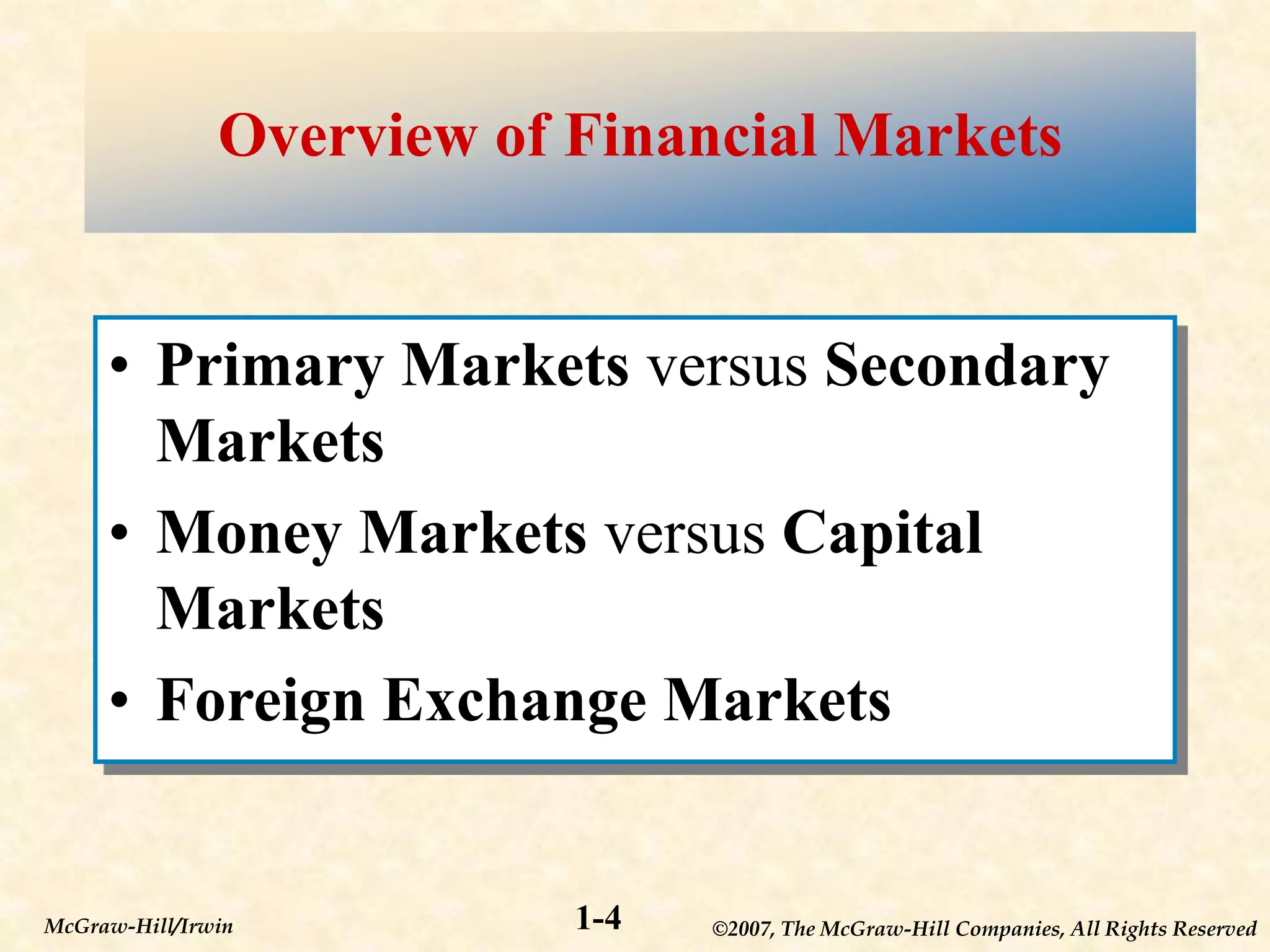 ©2007, The McGraw-Hill Companies, All Rights Reserved
1-4
McGraw-Hill/Irwin
Overview of Financial Markets
• Primary Markets versus Secondary
Markets
• Money Markets versus Capital
Markets
• Foreign Exchange Markets
 