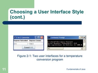 Fundamentals of Java
11
Choosing a User Interface Style
(cont.)
Figure 2-1: Two user interfaces for a temperature
conversion program
 