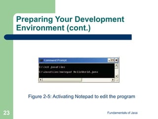 Fundamentals of Java
23
Preparing Your Development
Environment (cont.)
Figure 2-5: Activating Notepad to edit the program
 