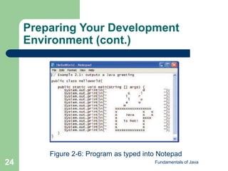Fundamentals of Java
24
Preparing Your Development
Environment (cont.)
Figure 2-6: Program as typed into Notepad
 