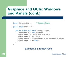 Fundamentals of Java
39
Graphics and GUIs: Windows
and Panels (cont.)
Example 2-3: Empty frame
 
