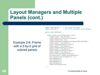 Fundamentals of Java
46
Layout Managers and Multiple
Panels (cont.)
Example 2-6: Frame
with a 2-by-2 grid of
colored panels
 