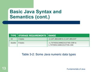 Fundamentals of Java
13
Basic Java Syntax and
Semantics (cont.)
Table 3-2: Some Java numeric data types
 