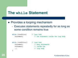 Fundamentals of Java
20
The while Statement
 Provides a looping mechanism
– Executes statements repeatedly for as long as
some condition remains true
 