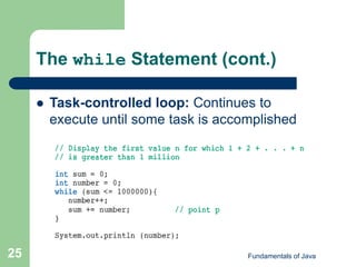Fundamentals of Java
25
The while Statement (cont.)
 Task-controlled loop: Continues to
execute until some task is accomplished
 