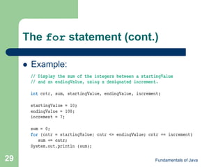 Fundamentals of Java
29
The for statement (cont.)
 Example:
 