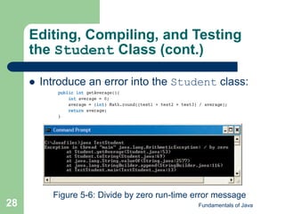 Fundamentals of Java
28
Editing, Compiling, and Testing
the Student Class (cont.)
 Introduce an error into the Student class:
Figure 5-6: Divide by zero run-time error message
 