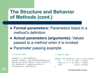 Fundamentals of Java
31
The Structure and Behavior
of Methods (cont.)
 Formal parameters: Parameters listed in a
method’s definition
 Actual parameters (arguments): Values
passed to a method when it is invoked
 Parameter passing example:
 