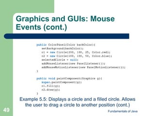 Fundamentals of Java
49
Graphics and GUIs: Mouse
Events (cont.)
Example 5.5: Displays a circle and a filled circle. Allows
the user to drag a circle to another position (cont.)
 
