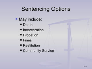 Sentencing Options
   May include:
       Death
       Incarceration
       Probation
       Fines
       Restitution
       Community Service



                            1-13
 