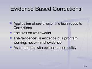 Evidence Based Corrections

   Application of social scientific techniques to
    Corrections
   Focuses on what works
   The “evidence” is evidence of a program
    working, not criminal evidence
   As contrasted with opinion-based policy




                                                     1-23
 