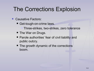The Corrections Explosion
   Causative Factors:
      Get-tough-on-crime laws.

         Three-strikes, two-strikes, zero tolerance

      The War on Drugs.

      Parole authorities’ fear of civil liability and

       public outcry.
      The growth dynamic of the corrections

       boom.




                                                         1-3
 