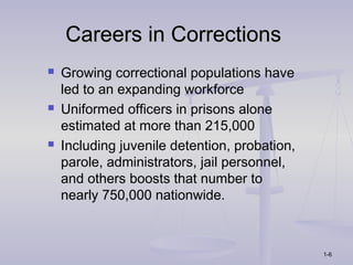 Careers in Corrections
   Growing correctional populations have
    led to an expanding workforce
   Uniformed officers in prisons alone
    estimated at more than 215,000
   Including juvenile detention, probation,
    parole, administrators, jail personnel,
    and others boosts that number to
    nearly 750,000 nationwide.



                                               1-6
 