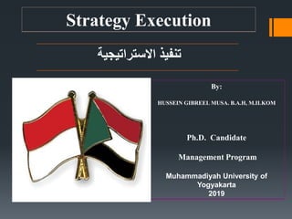 Strategy Execution
‫االستراتيجية‬ ‫تنفيذ‬
By:
HUSSEIN GIBREEL MUSA. B.A.H, M.ILKOM
Ph.D. Candidate
Management Program
Muhammadiyah University of
Yogyakarta
2019
 