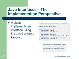 Fundamentals of Java
21
Java Interfaces—The
Implementation Perspective
 A class
implements an
interface using
the implements
keyword.
 
