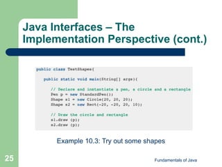 Fundamentals of Java
25
Java Interfaces – The
Implementation Perspective (cont.)
Example 10.3: Try out some shapes
 