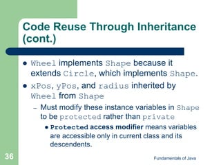 Fundamentals of Java
36
Code Reuse Through Inheritance
(cont.)
 Wheel implements Shape because it
extends Circle, which implements Shape.
 xPos, yPos, and radius inherited by
Wheel from Shape
– Must modify these instance variables in Shape
to be protected rather than private
 Protected access modifier means variables
are accessible only in current class and its
descendents.
 