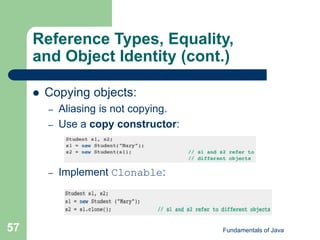 Fundamentals of Java
57
Reference Types, Equality,
and Object Identity (cont.)
 Copying objects:
– Aliasing is not copying.
– Use a copy constructor:
– Implement Clonable:
 