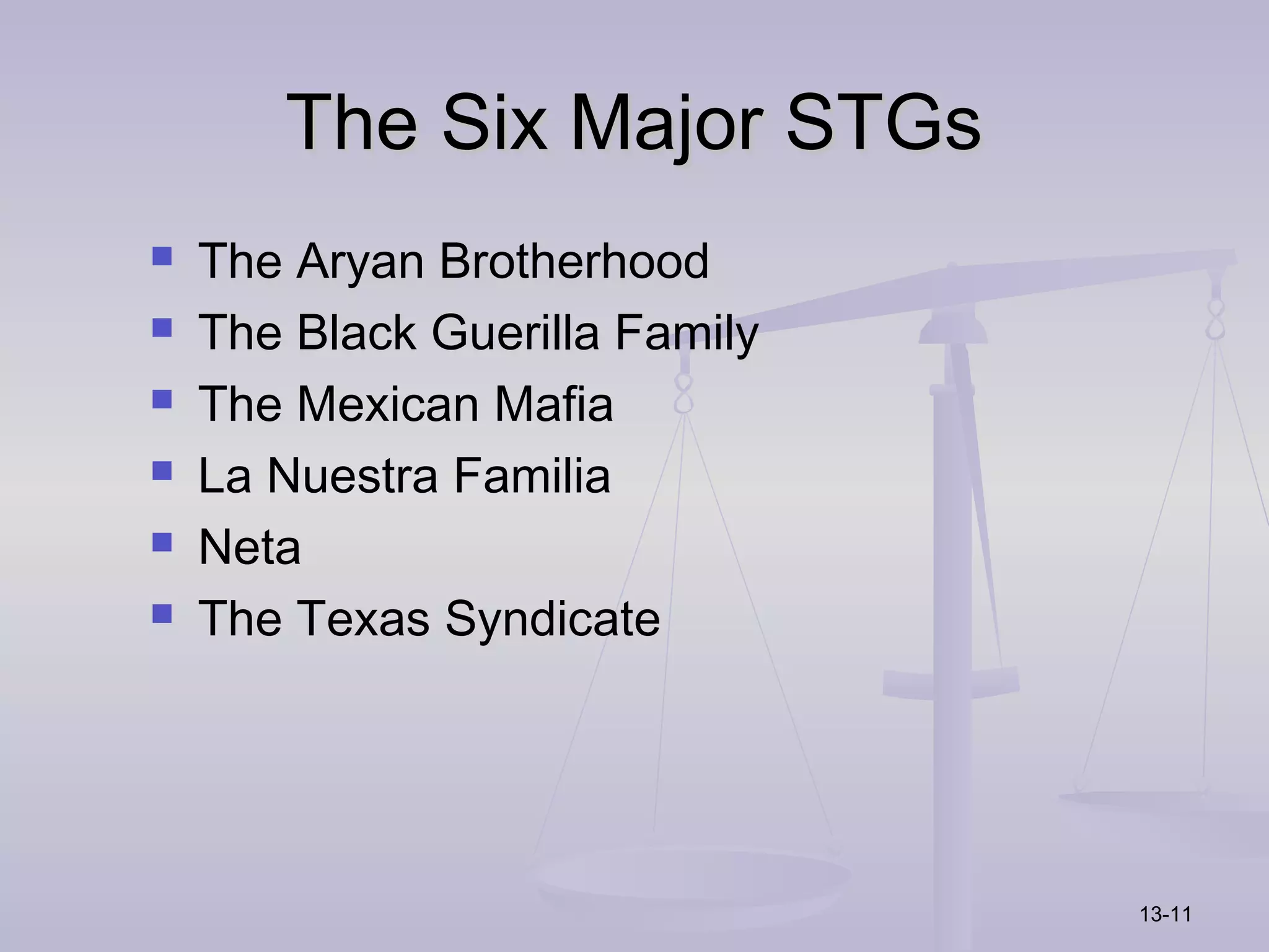 The Six Major STGs
   The Aryan Brotherhood
   The Black Guerilla Family
   The Mexican Mafia
   La Nuestra Familia
   Neta
   The Texas Syndicate




                                13-11
 