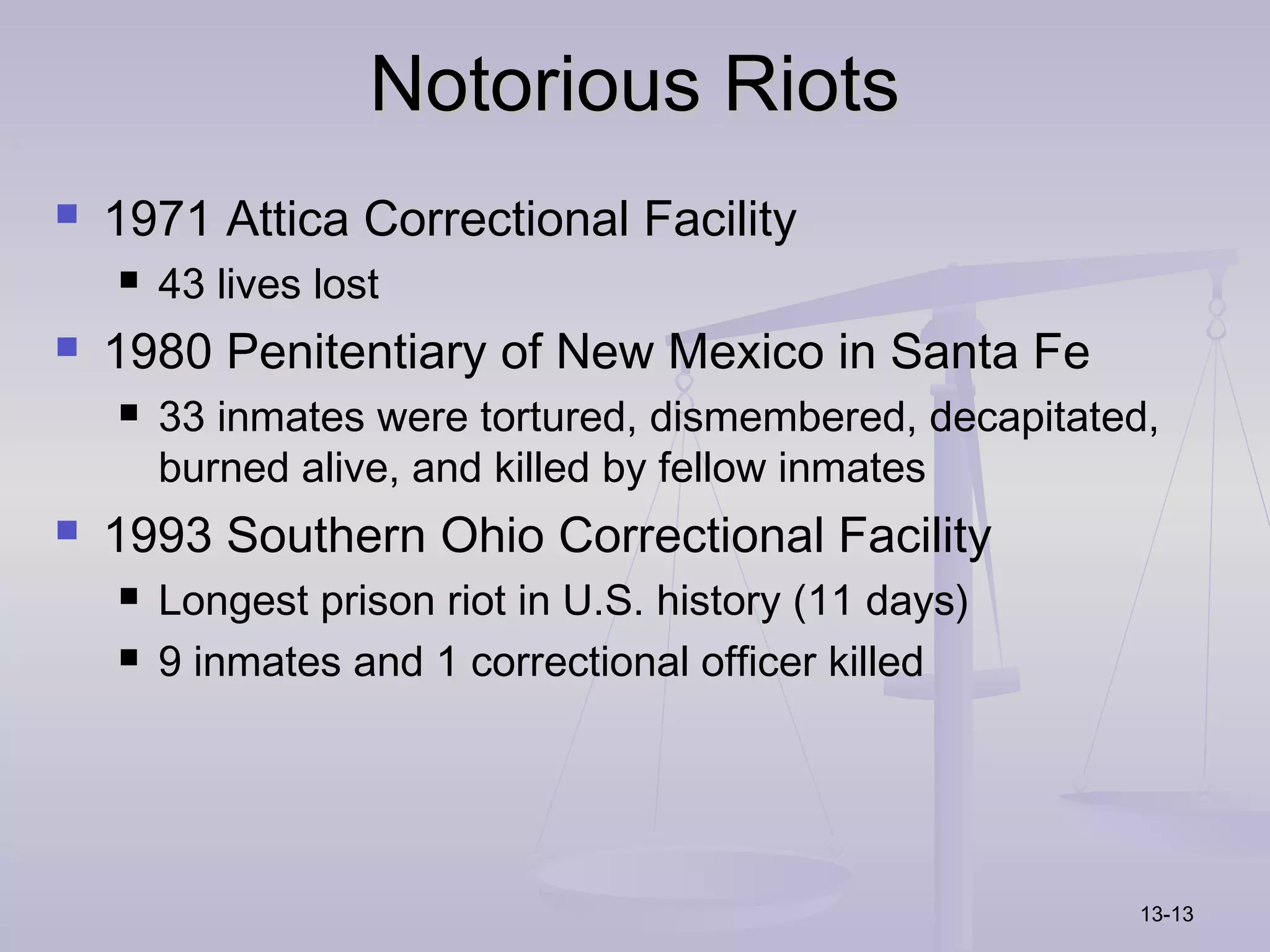 Notorious Riots
   1971 Attica Correctional Facility
       43 lives lost
   1980 Penitentiary of New Mexico in Santa Fe
       33 inmates were tortured, dismembered, decapitated,
        burned alive, and killed by fellow inmates
   1993 Southern Ohio Correctional Facility
       Longest prison riot in U.S. history (11 days)
       9 inmates and 1 correctional officer killed




                                                         13-13
 