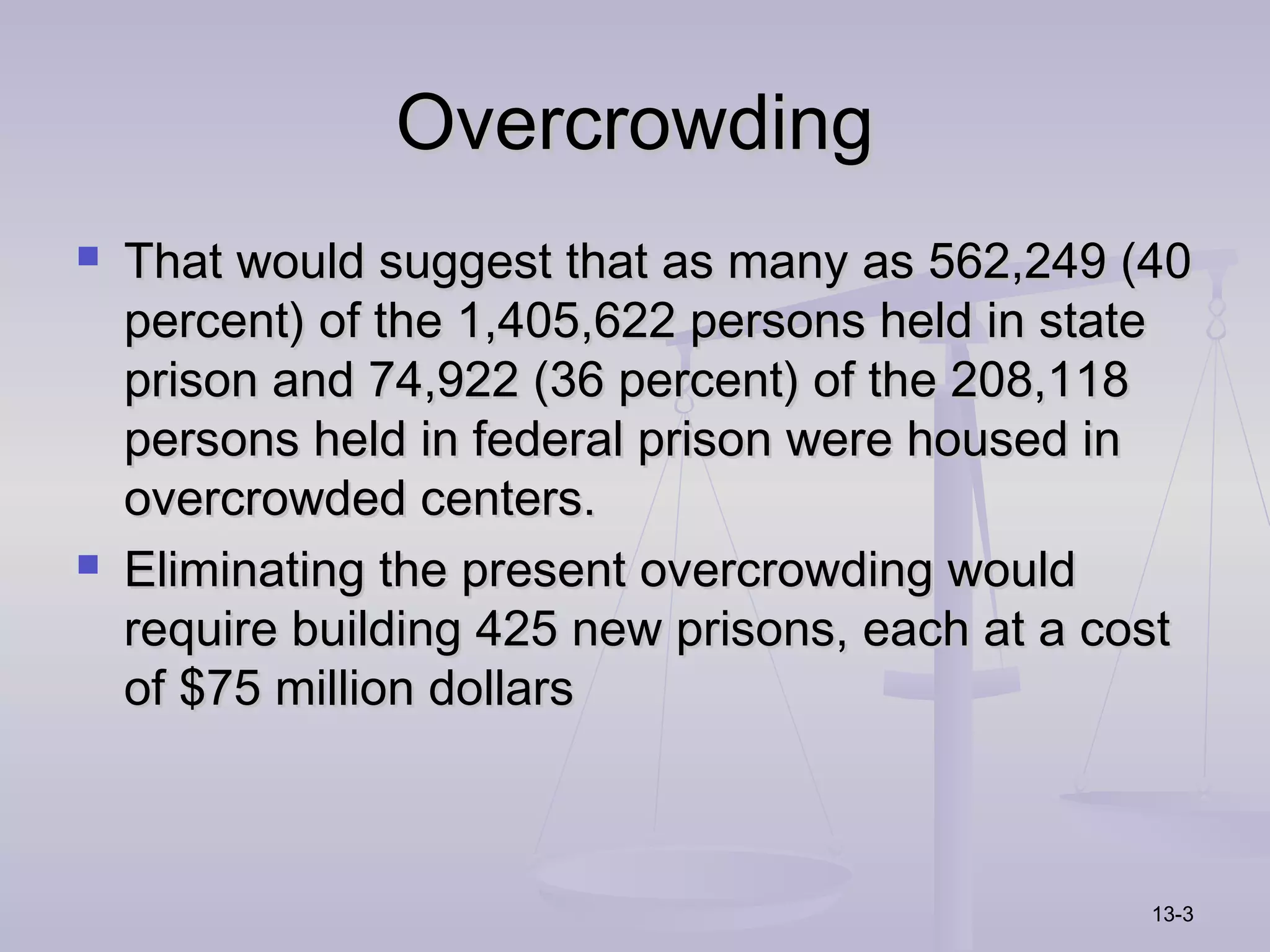 Overcrowding
   That would suggest that as many as 562,249 (40
    percent) of the 1,405,622 persons held in state
    prison and 74,922 (36 percent) of the 208,118
    persons held in federal prison were housed in
    overcrowded centers.
   Eliminating the present overcrowding would
    require building 425 new prisons, each at a cost
    of $75 million dollars



                                                  13-3
 