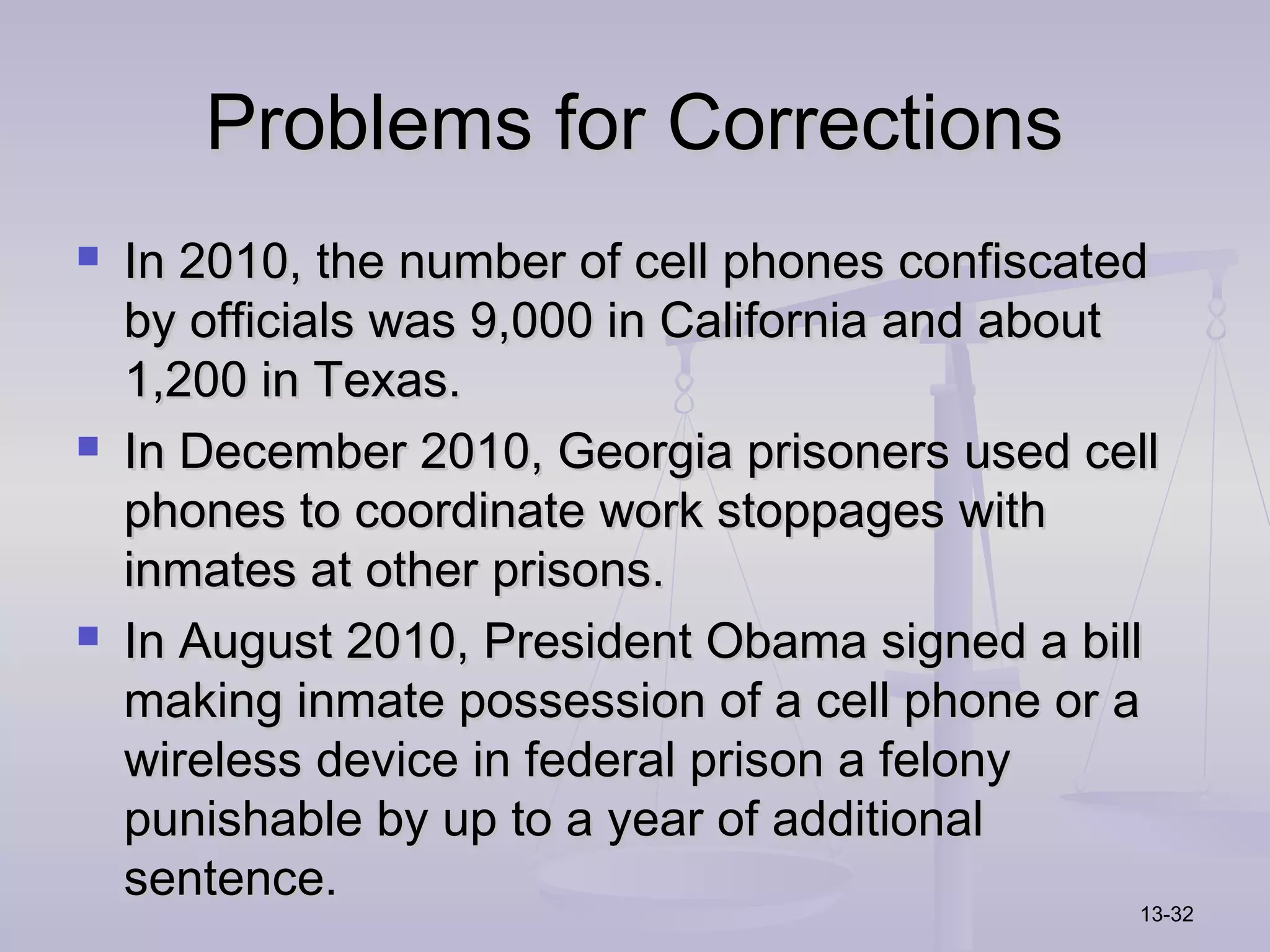 Problems for Corrections
   In 2010, the number of cell phones confiscated
    by officials was 9,000 in California and about
    1,200 in Texas.
   In December 2010, Georgia prisoners used cell
    phones to coordinate work stoppages with
    inmates at other prisons.
   In August 2010, President Obama signed a bill
    making inmate possession of a cell phone or a
    wireless device in federal prison a felony
    punishable by up to a year of additional
    sentence.
                                                   13-32
 
