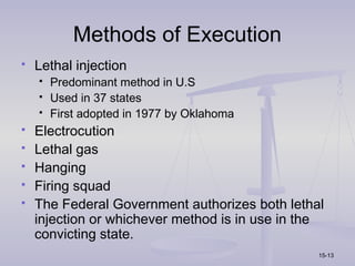 Methods of Execution
   Lethal injection
       Predominant method in U.S
       Used in 37 states
       First adopted in 1977 by Oklahoma
   Electrocution
   Lethal gas
   Hanging
   Firing squad
   The Federal Government authorizes both lethal
    injection or whichever method is in use in the
    convicting state.
                                                 15-13
 