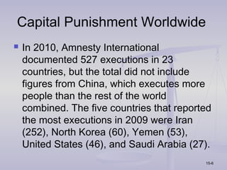 Capital Punishment Worldwide
   In 2010, Amnesty International
    documented 527 executions in 23
    countries, but the total did not include
    figures from China, which executes more
    people than the rest of the world
    combined. The five countries that reported
    the most executions in 2009 were Iran
    (252), North Korea (60), Yemen (53),
    United States (46), and Saudi Arabia (27).
                                            15-6
 